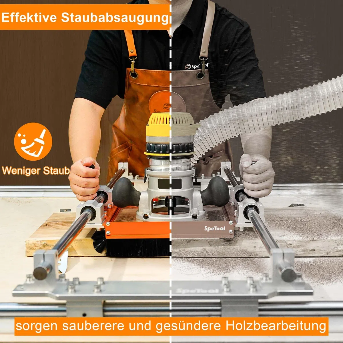 SpeTool Staubabsaugsystem für Linearschienenschlitten mit Gleitadapterplatte für SBR20UU- und SCS20UU-Schienen. 2,5-Zoll-Staubanschluss. Vorgebohrte Acrylplatte für die meisten Oberfräsen.
