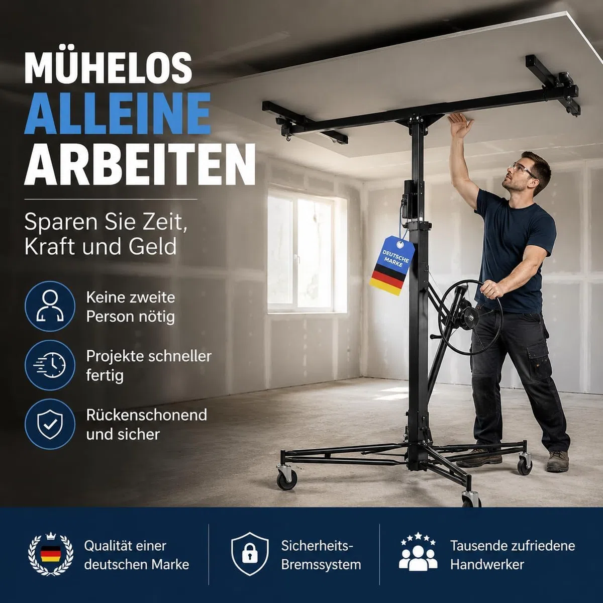 Werkthor XXL Plattenheber bis max. 68 kg - Höhe 140-350 cm - Plattenheber Trockenbau für Rigipsplatten & Gipskartonplatten - Rigips Plattenheber mit 3 Räder & Feststellbremse (Schwarz)