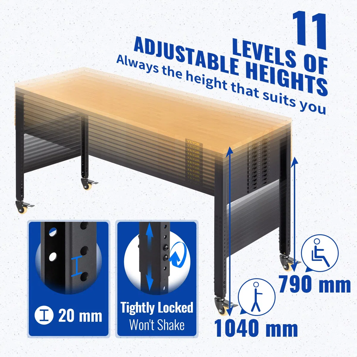 VEVOR Werkbank, höhenverstellbar, 122 cm L x 61 cm B x 104 cm H, Garagentisch mit 79 cm – 104 cm Höhe, 725,7 kg Kapazität, mit Steckdosen und Hartholzplatte und Metallrahmen & Drehgelenk Rolle