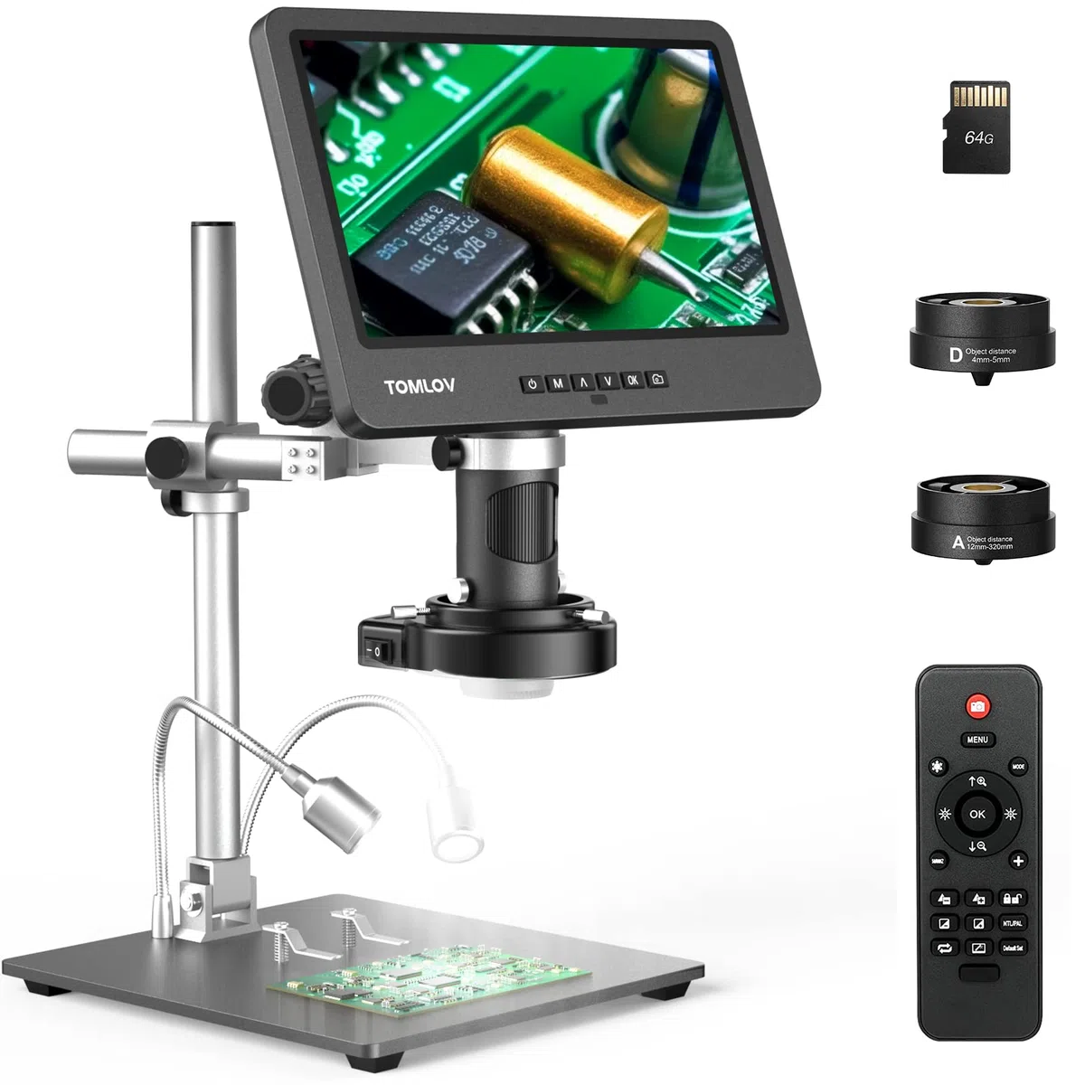TOMLOV DM602 Pro 10,1 Zoll 3 Objektiv Digitales Mikroskop, 2K 24MP HDMI Lötmikroskop/Biologisches Microscope mit 144 Einstellbaren LED-Ring-Licht, 64GB Karte, 10" Stabiler Ständer, TV/PC Kompatibel