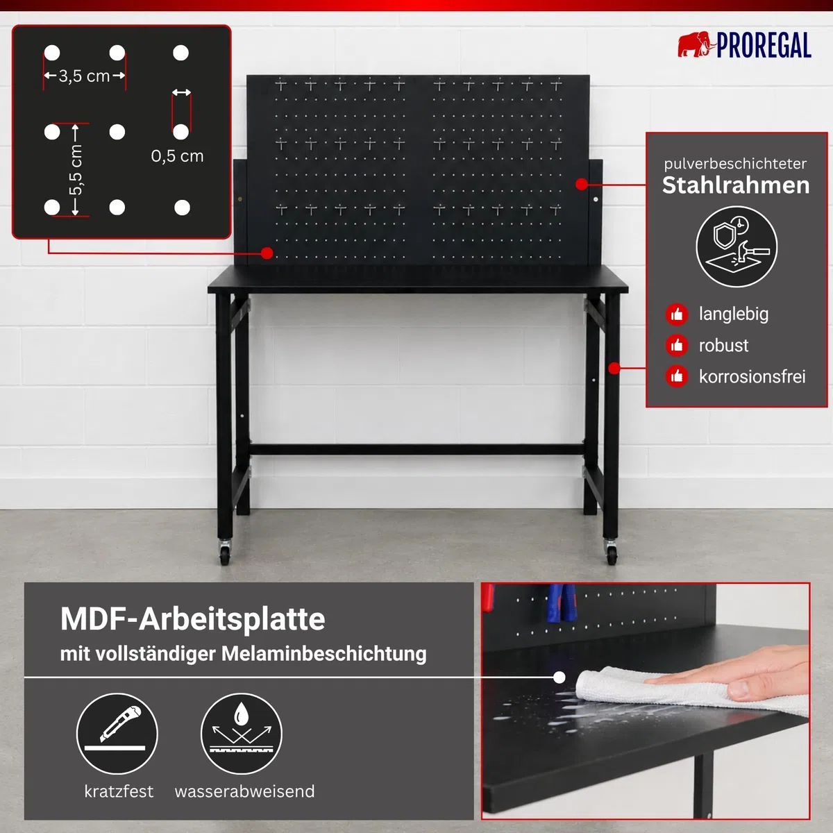 PROREGAL Werkbank klappbar für Wandmontage Titan mit Werkzeug Lochwand für Werkstatt 144x115x63cm Fachlast 55kg inkl. 30-teiligem Hakenset Schwarz Werktisch für Enge Räume mit Lochplatte Werkzeugwand