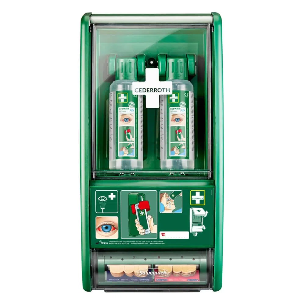 CEDERROTH Augenduschstation, 2 Augenspülflaschen 500 ml, mit Pflasterspender aus Kunststoff, Art.-Nr. 721500 | Augenspülung | Augenspülstation | Augenduschstation