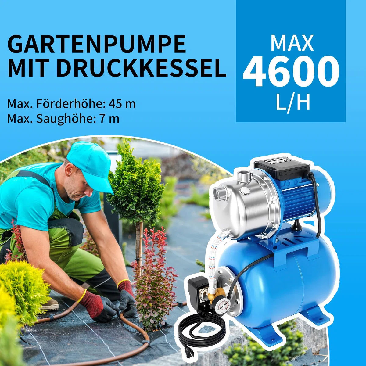 FOTING Hauswasserwerk INOX aus Edelstahl 1100 W, Fördermenge 4600 l/h, Förderhöhe bis 45 m, max. 4,5 bar Druck mit Manometer, 24 L Kessel, robuster Betrieb für Haus & Garten, sicher mit Überlastschutz