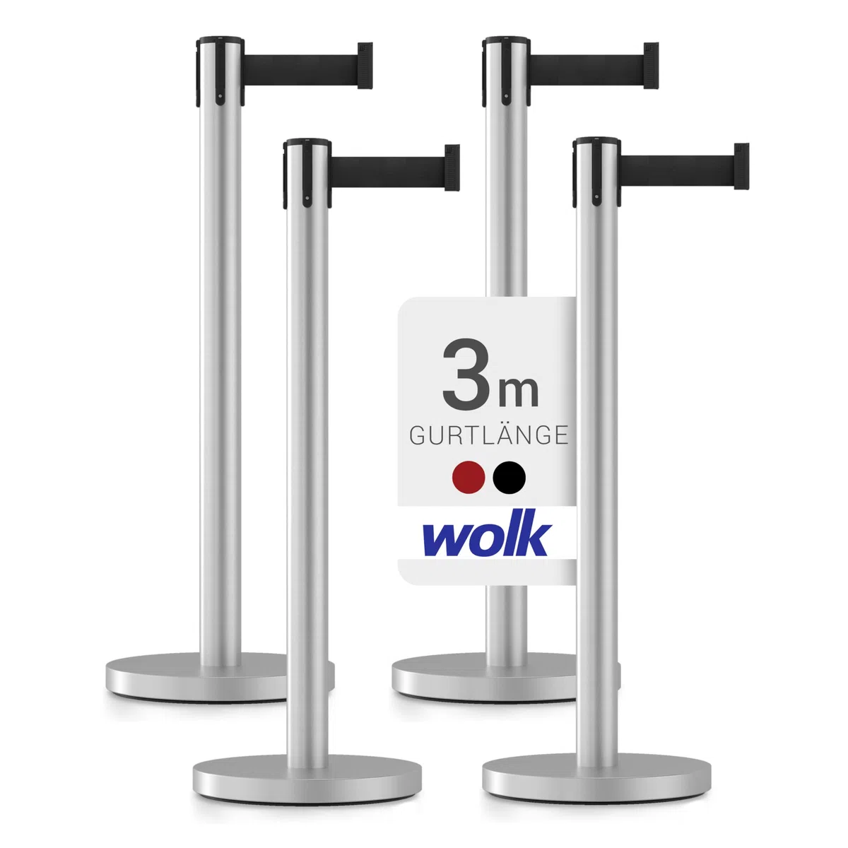 Gurtpfosten Edelstahl gebürstet - 4er Set - Pfostenhöhe: 98,0 cm, Gurtlänge: 3,0 m, Gurtbandbreite: 4,8 cm - Gurtfarbe: schwarz