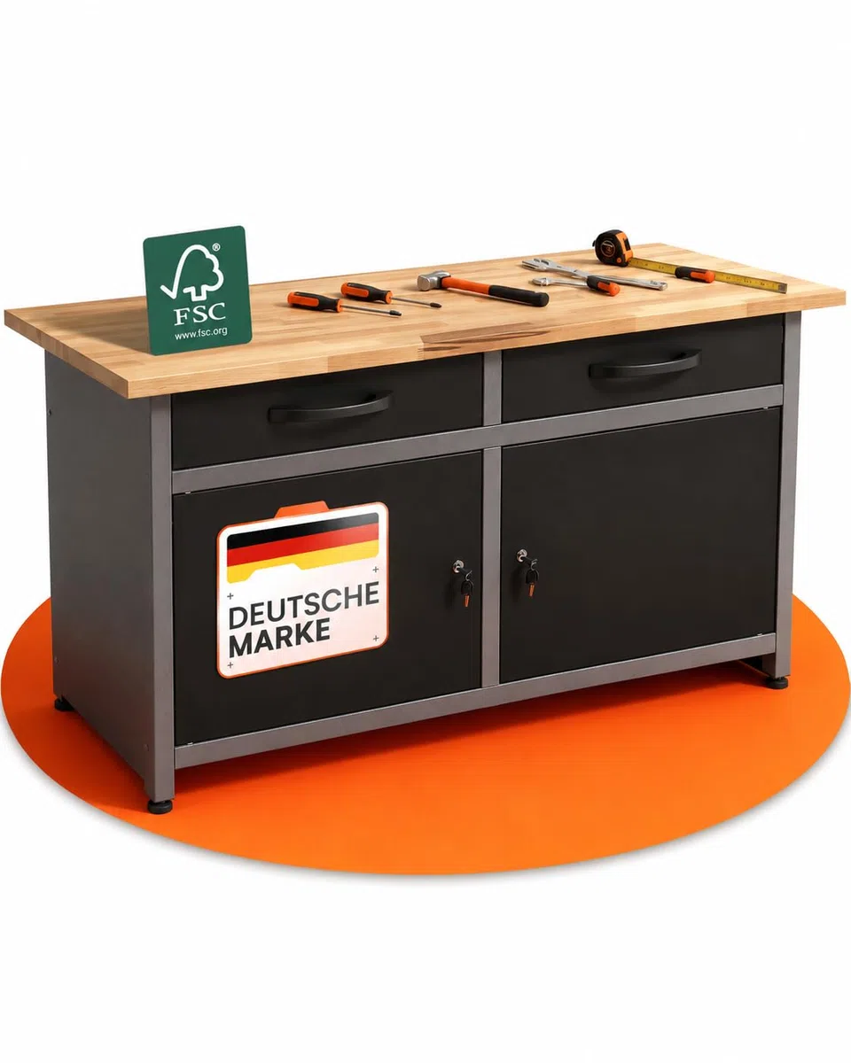 Ondis24 Werkbank Metall mit Schubladen, 2 Schubladen & 2 Türen, Werkstatt Metall 120 cm, Werktisch 120cm, Montagewerkbank, 28mm Buchenholzarbeitsplatte, Werkstatteinrichtung