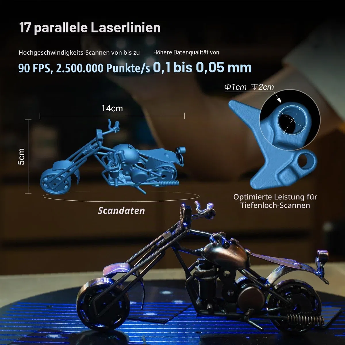 EINSTAR 2 3D-Scanner Kabellos, 17 Blaue Laserlinien & VCSEL-Infrarot, Sprayfrei Scannen auf Metall, 2.500.000 Punkte/s High-Speed, WiFi 6, 3h Akku, 3D-Laser-Scanner für CAD & 3D-Druck