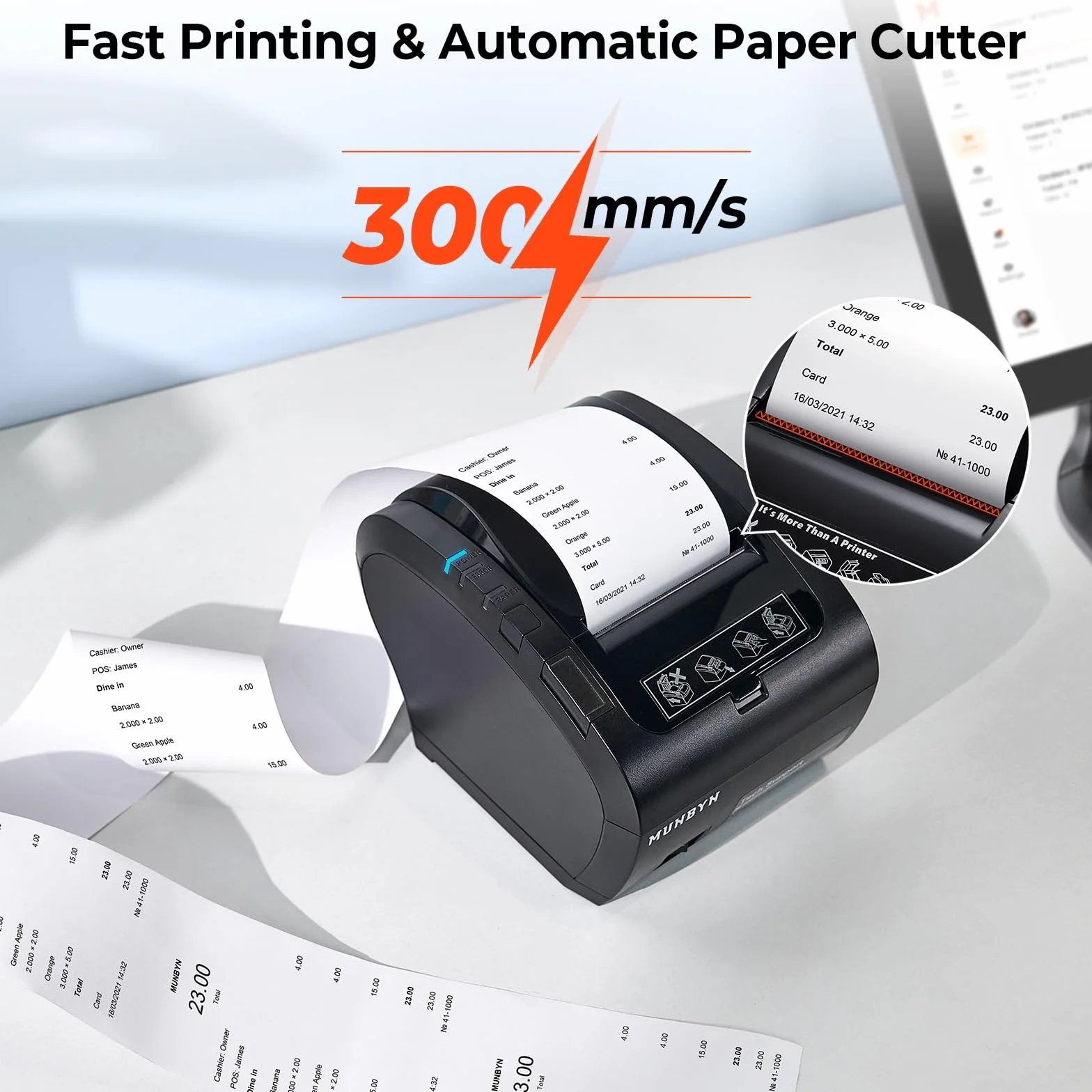 MUNBYN Bondrucker MFi-Zertifizierung mit IOS(erfordert eine App) 300mm/s Bluetooth Belegdrucker Quittungsdrucker Thermodrucker Auto-Cut, BT/USB/LAN【Unterstützt Nicht PayPal, DoorDash, Grubhub, Vagaro】