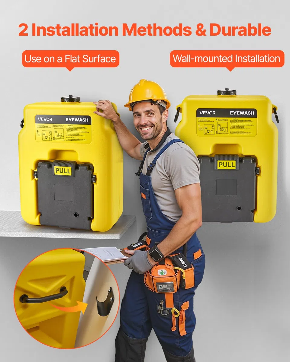 VEVOR Augenspülstation 53 L, OSHA-zugelassene Augendusche Wandmontage/auf ebener Fläche, Augenreinigungsgerät mit 2 Düsen, Erste-Hilfe-Augenspüleinheiten für Schulen, Labore, Fabriken, Gelb