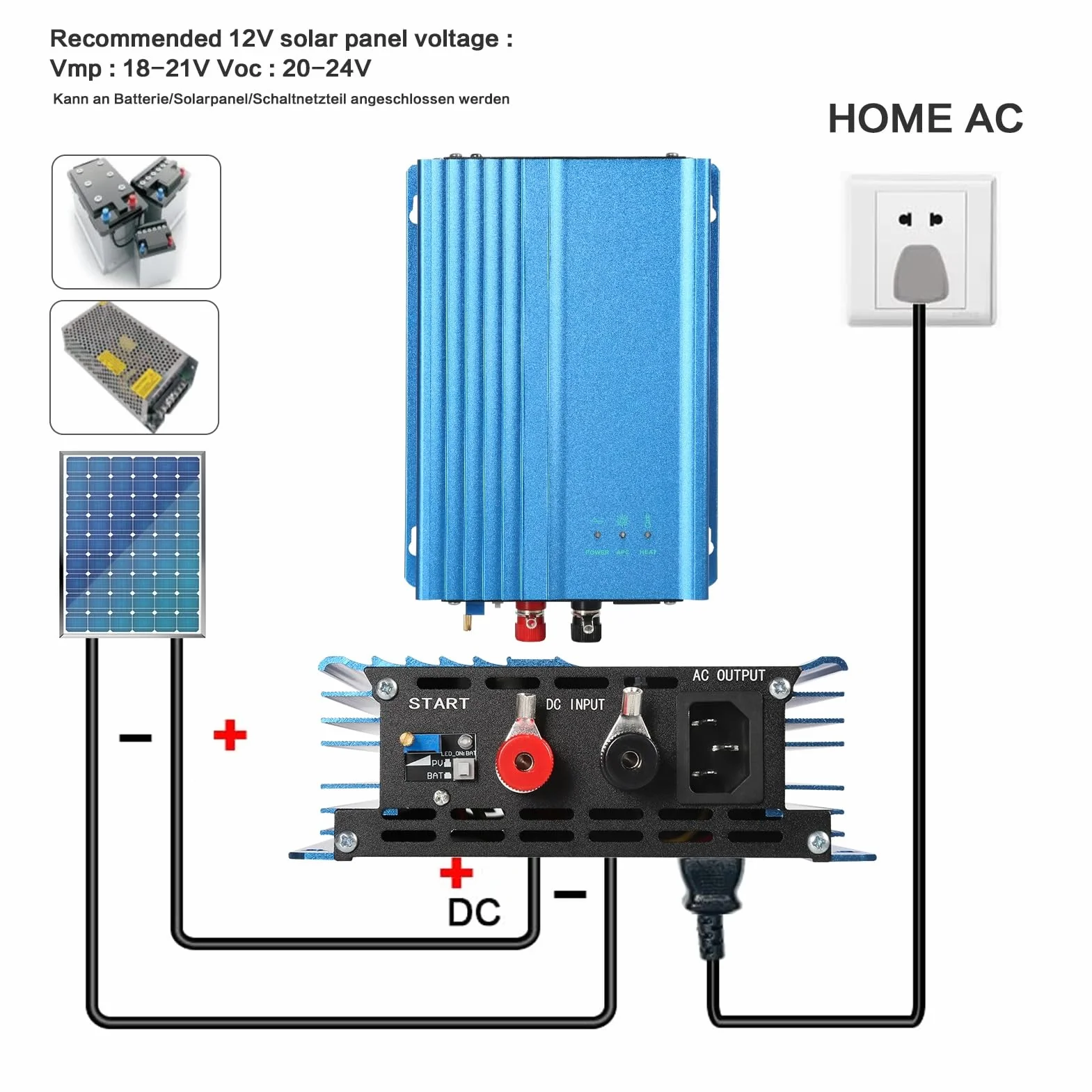 Grid tie Inverter 12v 500W MPPT Wechselrichter netzeinspeisung Reiner Sinus AC 230V Ausgang Einspeisewechselrichter für Solarpanelen 12V Battery 30W-250W Regelbare Ausgangsleistung.