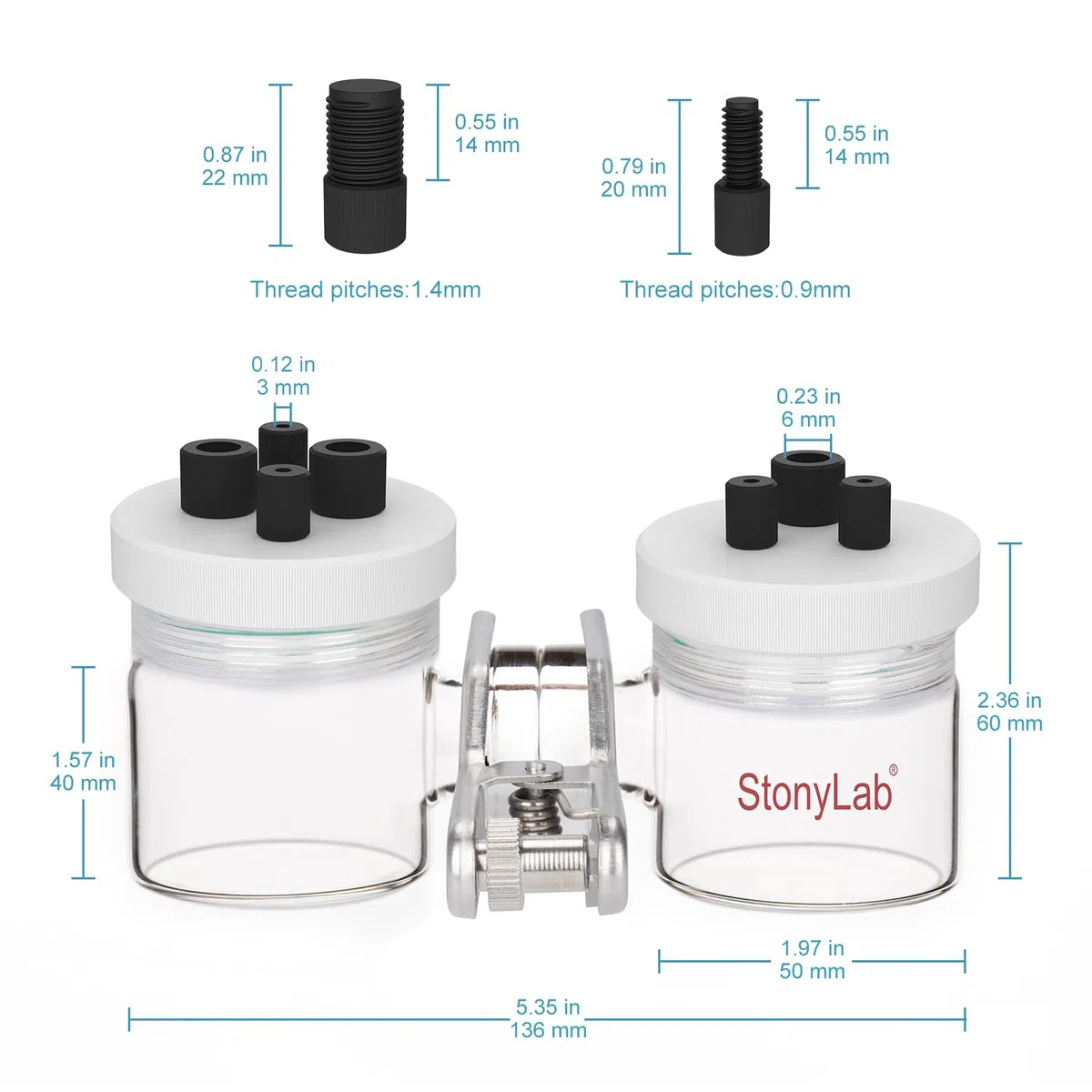 stonylab H-Typ Elektrolysezellen, Borosilikat Elektrochemische Zelle mit Doppelter Austauschbarer Ionenaustauschmembran Elektrolysezelle, Versiegelte Elektrochemische Zellen mit PTFE-Deckeln, 50 ml