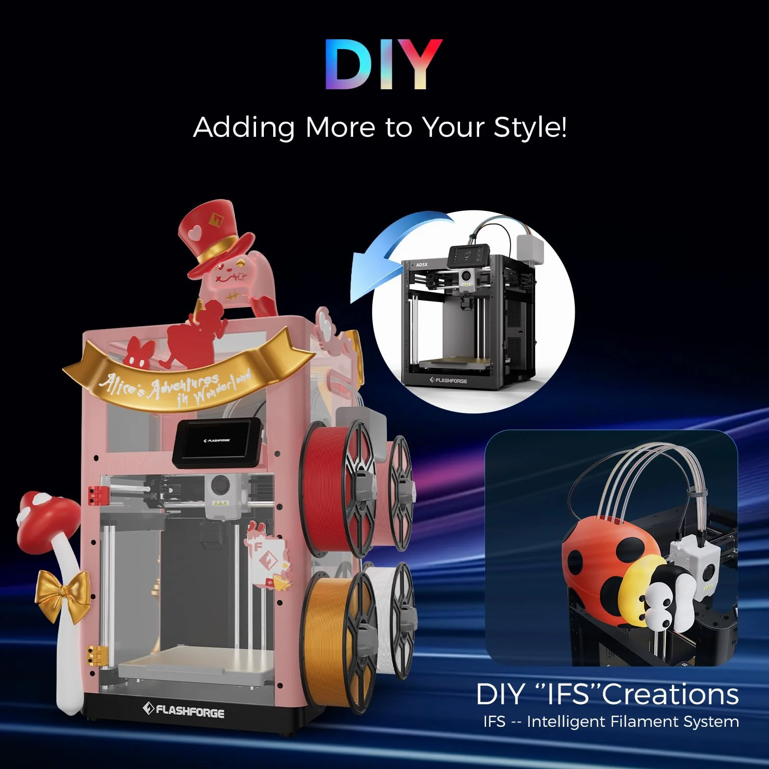Flashforge Adventurer 5X 3D-Drucker mit Mehrfarbendruck, Anpassbar mit IFS,AD5X 3D-Drucker für mehrere Materialien,Vollautomatische Nivellierung,Maximale Geschwindigkeit: 600mm/s,Unterstützt PETG CF