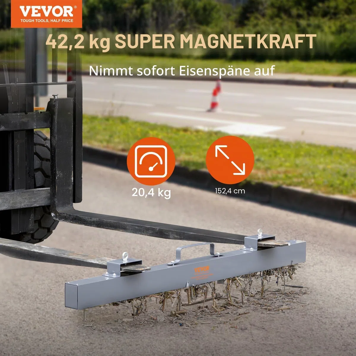 VEVOR Magnetbesen Magnetische Kehrmaschine 1520 mm, Magnetic Sweeper Magnetisch Magnet Besen Magnetbesen Magnetheber 42,2 kg Magnetkraft Magnetischer Spänesammler Bodenkehrer Kehrmaschine