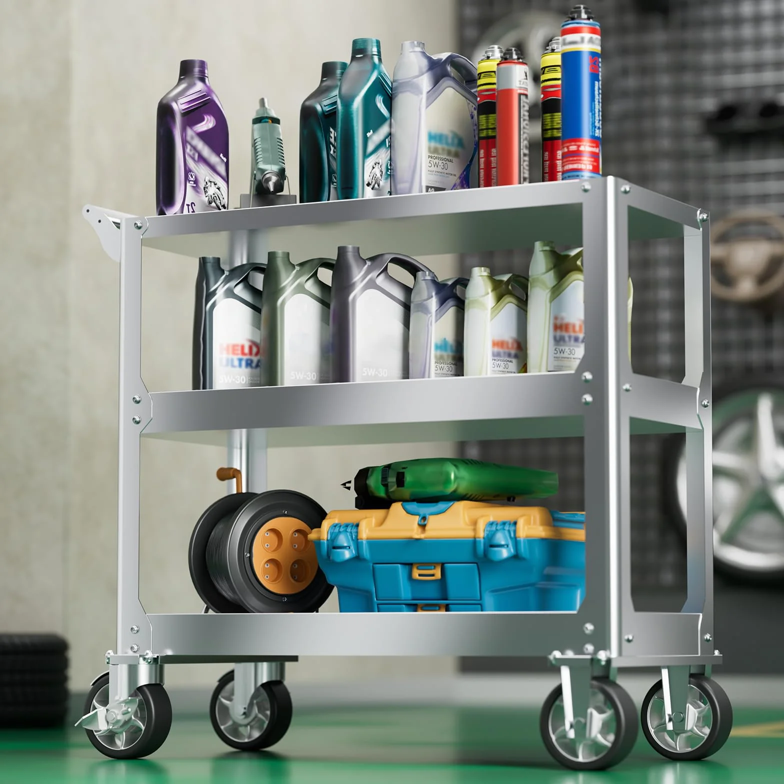 Edelstahl Rollwagen Werkstatt, 3-Etagen Rollbar Montagewagen mit 500kg Tragkraft, Multifunktionaler Materialwagen mit Rollen, Kommissionierwagen, Vielzweckwagen für Garage, Werkstatt, 78 x 46 x 92cm