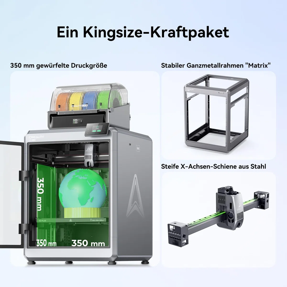 Creality K2 Plus Combo 3D Drucker, Mehrfarbig mit CFS, Großes Bauvolumen 350x350x350 mm, Geschwindigkeit 600 mm/s, Aktiv beheizte Kammer für PLA-CF PA PET ASA PPA