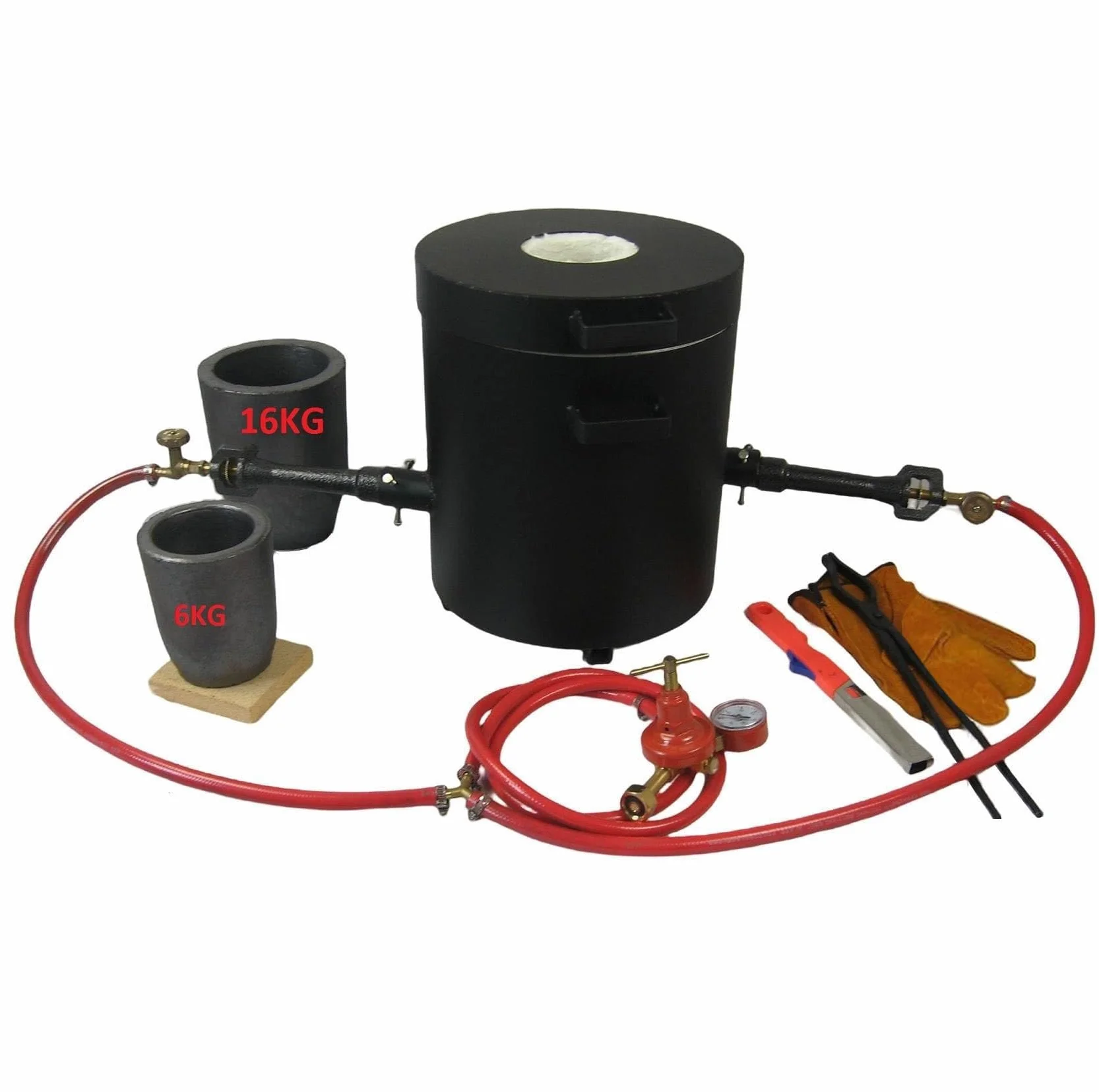 16KG Propangas-Schmelzofen-Set Dual Brennern, mit 2 Graphit-Tiegel(16KG&6KG), Zange und Handschuhe, Brennofen für Schmelzendes Metall Kupfer, Messing und Aluminium
