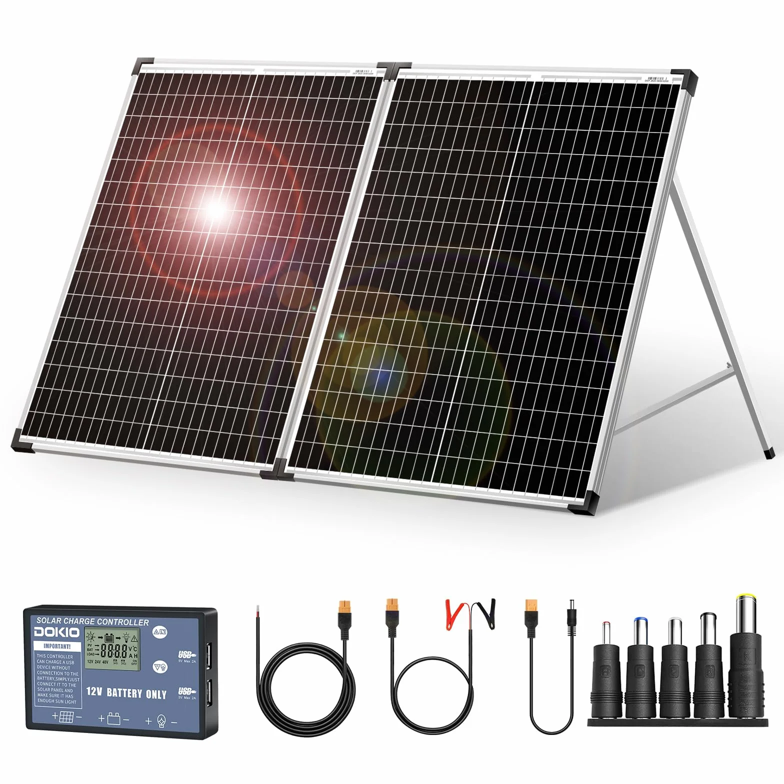 DOKIO Solarkoffer 100W 18V mit Solar-Laderegler (2 USB-Ports) Für 12V Batterie Inklusive Transporttasche