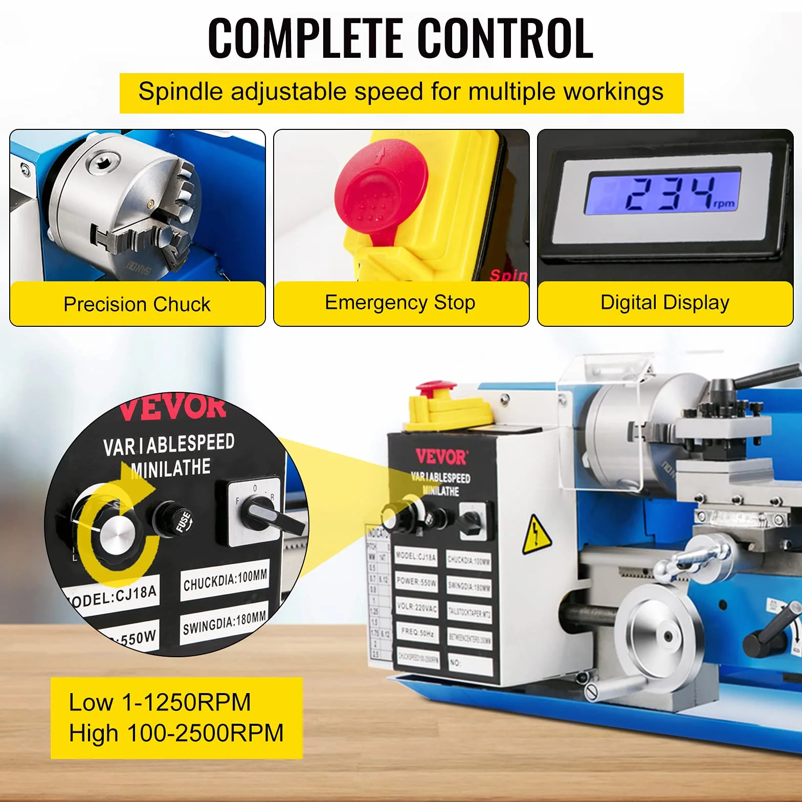 VEVOR Mini Drehmaschine 550 W, Metall Drehbank Max. 2500 U/Min, Tischdrehmaschine, Gewinde 12-52 TPI, Zubehör Inkl.