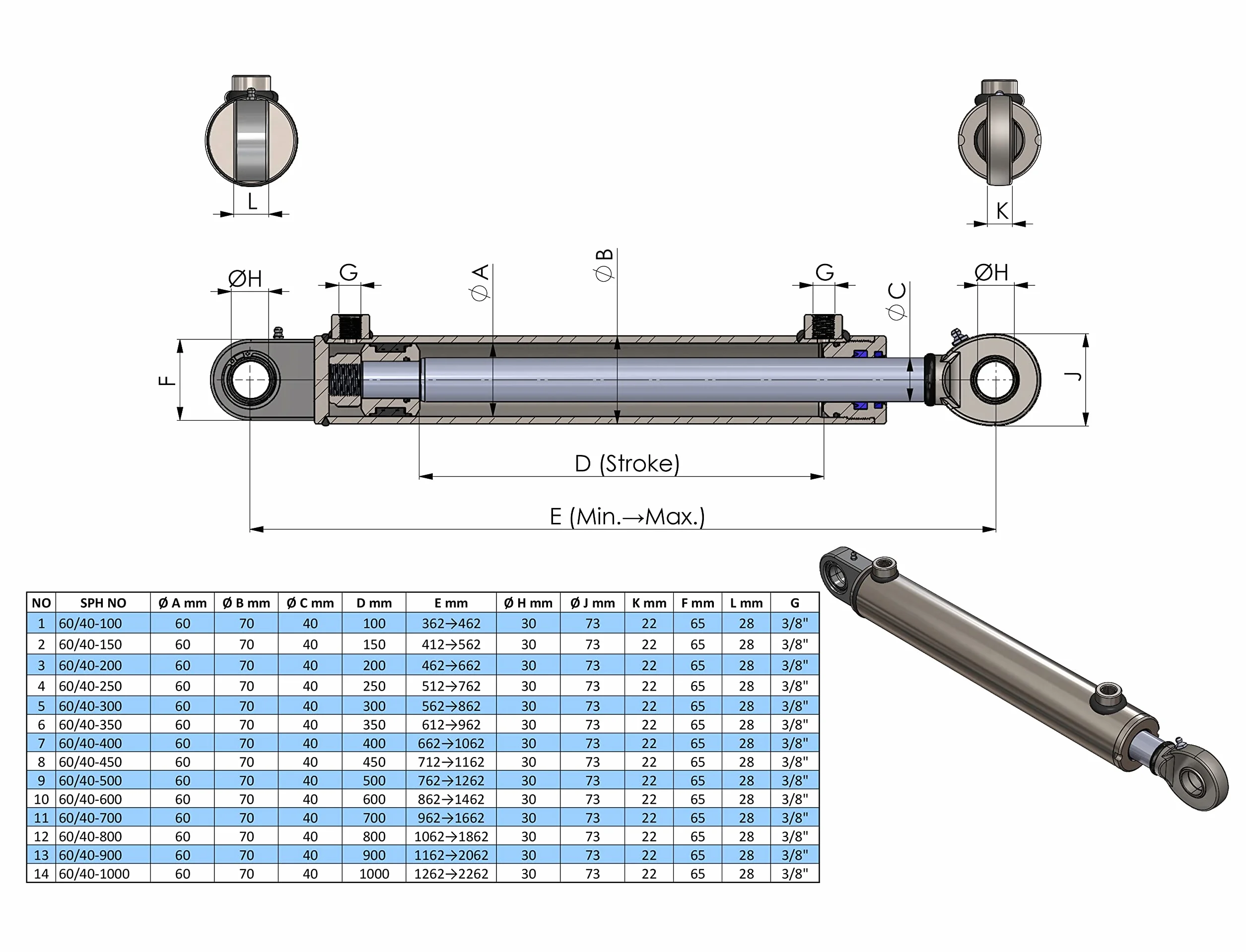 Hydraulikzylinder doppelwirkend mit Gelenkauge (40/25, 500 mm)