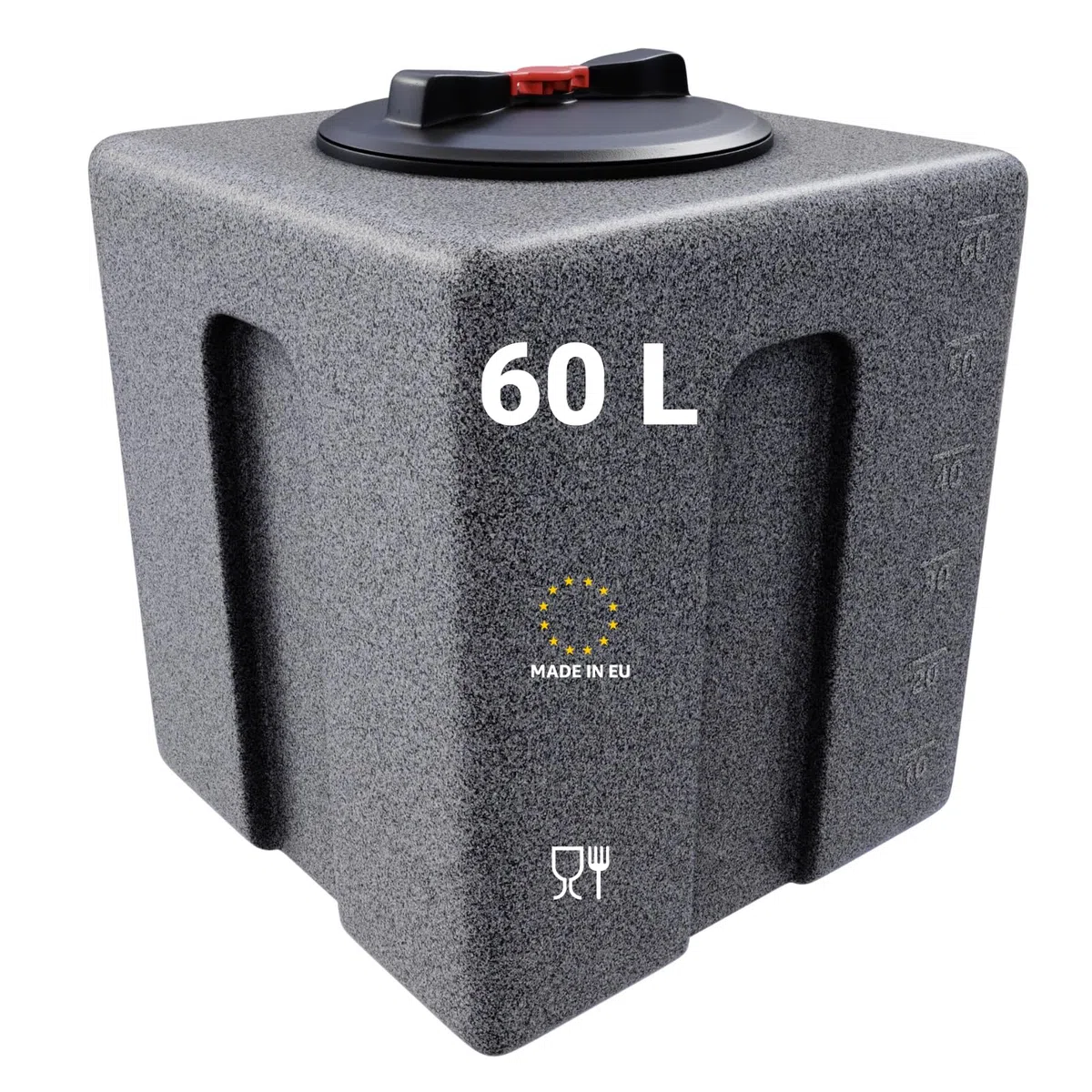 KMND Wassertank 60 Liter Kunststoff Wasserbehältet Regentonne - Marmoriert | Lebensmittelechtes Polyethylen, UV- Frostbeständig, für Garten, Wohnmobil, Futtertonne Eckig, Camping & Notvorrat, Made in EU