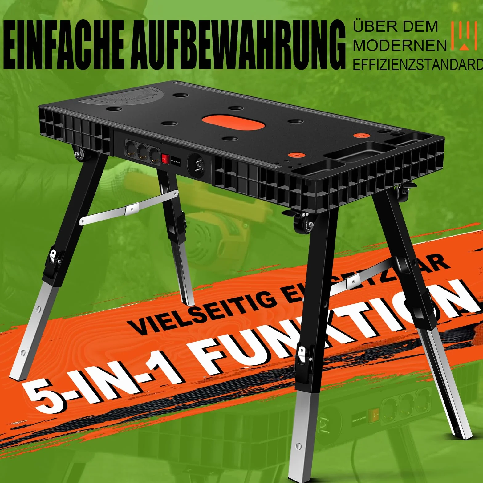 GARDTECH Klappwerkbank 5-in-1, werkbank klappbar & höhenverstellbar, als Werkbank und Arbeitstisch, 150 kg Tragkraft, große Arbeitsfläche mit Winkelangaben, EU-Steckdose, für Werkstatt, Garage & DIY