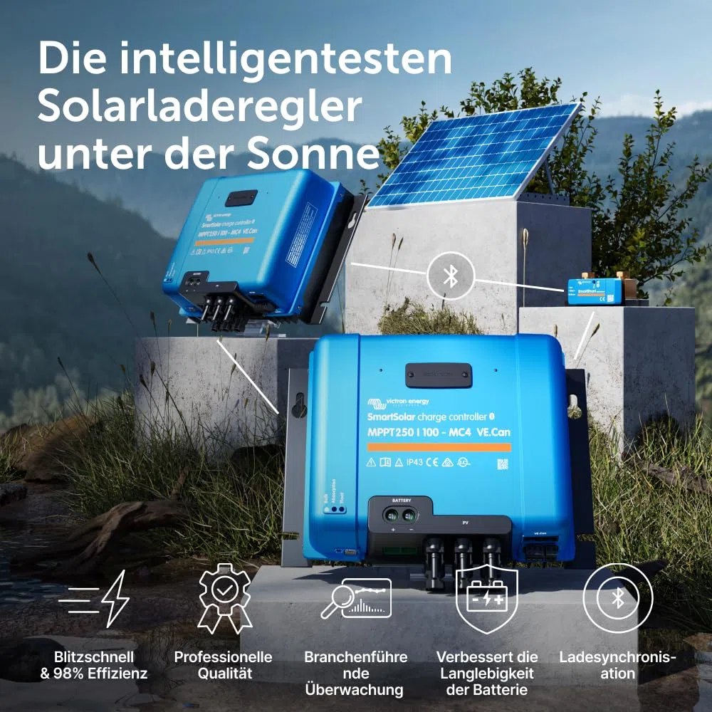 Victron Energy SmartSolar MPPT MC4 kompatibel, VE.Can Laderegler (Bluetooth) - Solar Laderegler - 250V, 100 Amp 12/24/36/48-Volt | Bluetooth MPPT Solarladeregler mit MC4 und VE Anschluss Kann getragen werden