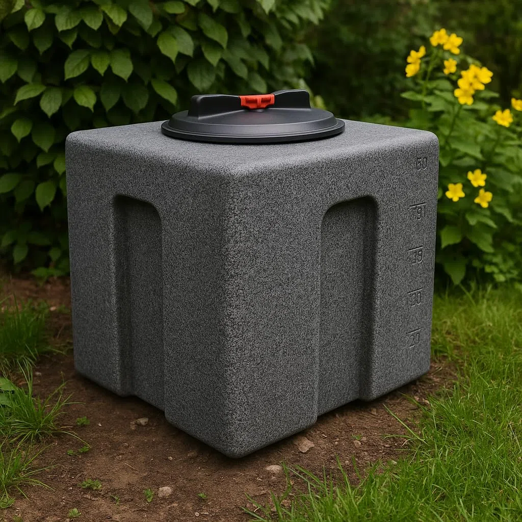 KMND Wassertank 60 Liter Kunststoff Wasserbehältet Regentonne - Marmoriert | Lebensmittelechtes Polyethylen, UV- Frostbeständig, für Garten, Wohnmobil, Futtertonne Eckig, Camping & Notvorrat, Made in EU