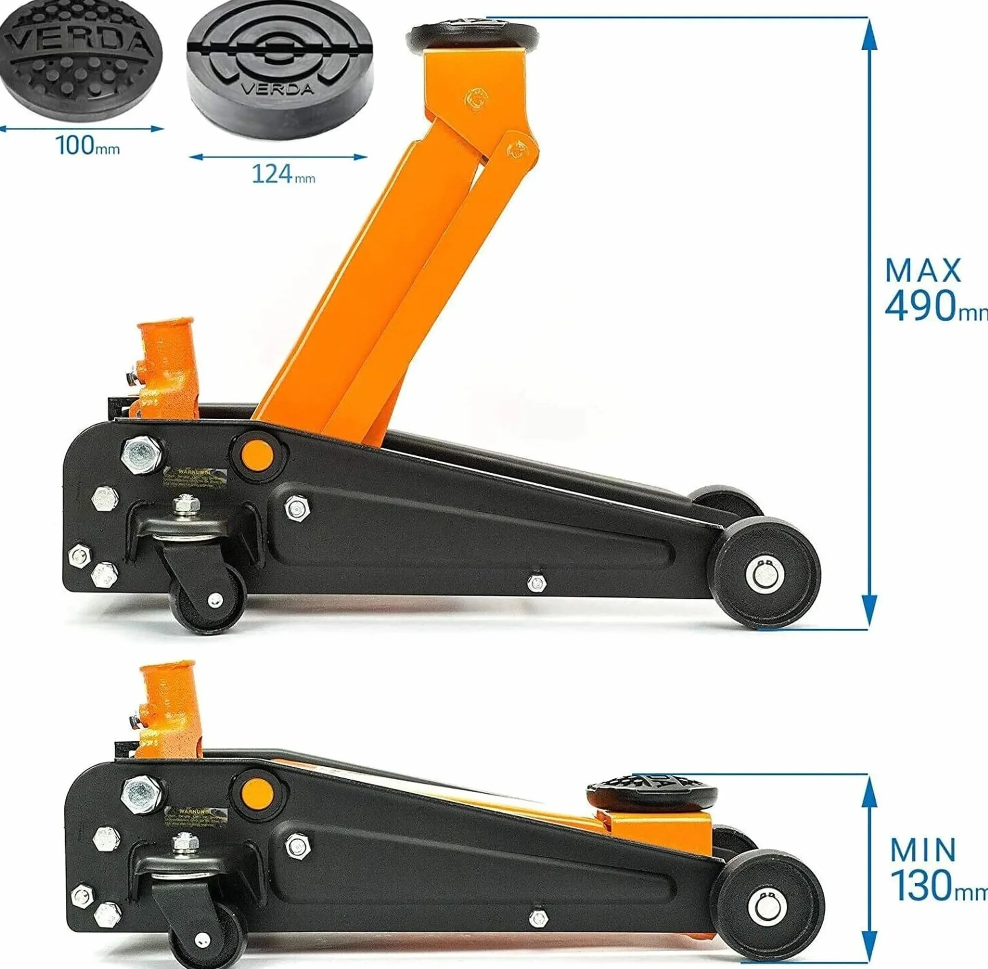 Verda Wagenheber hydraulisch 3T (130-490) 2X Gummi Rangierwagenheber, PKW, Profi, Tief, Doppelpumpsystem Doppelkolben, Heber, Ständer, Flache, Werkstatt, Wohnmobil, Geländewagen Montagehandschuhe