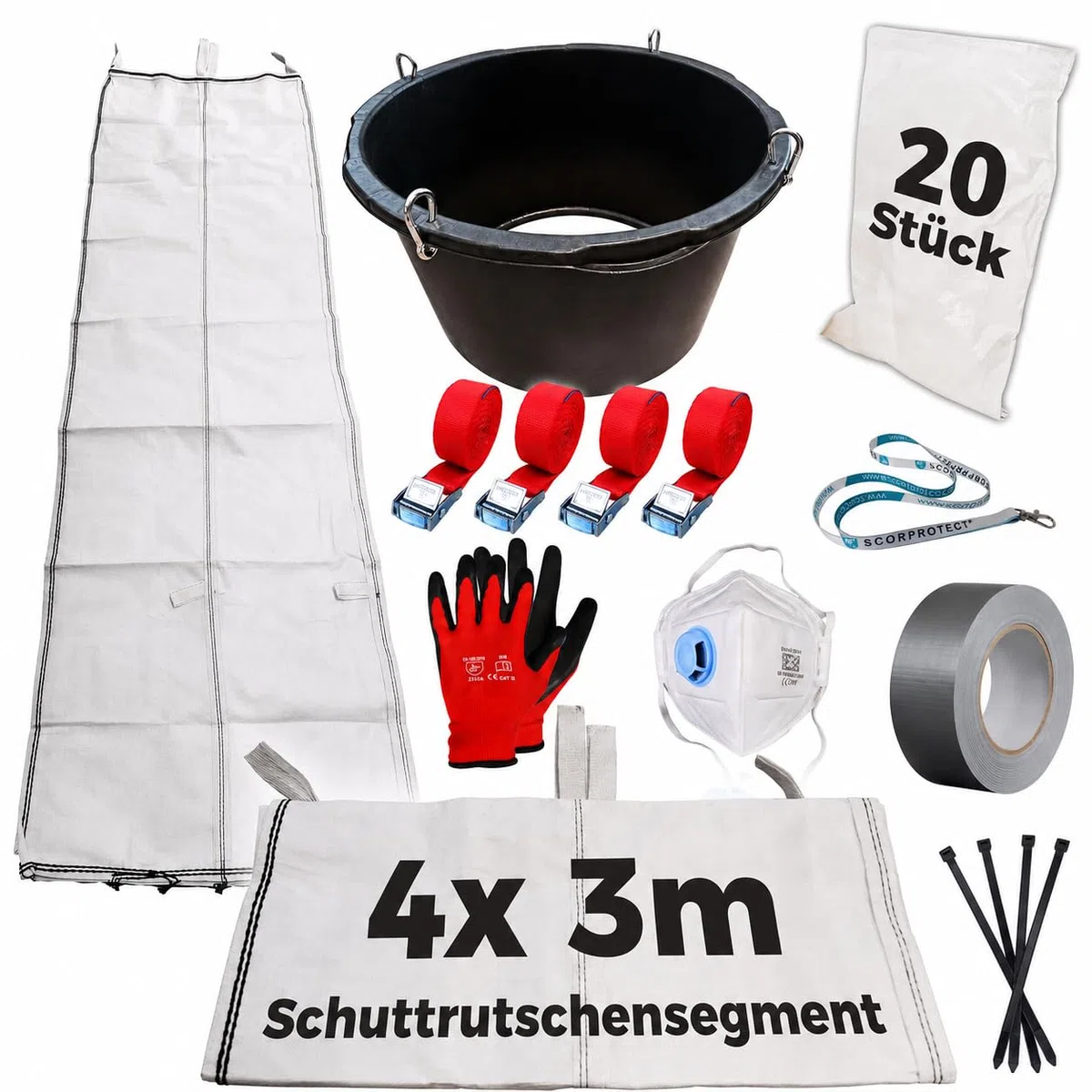 Scorprotect® Schuttrutsche Bauschuttrutsche 12 m flexibel mit Einfülltrichter, 20x Flachsäcke und Zubehör