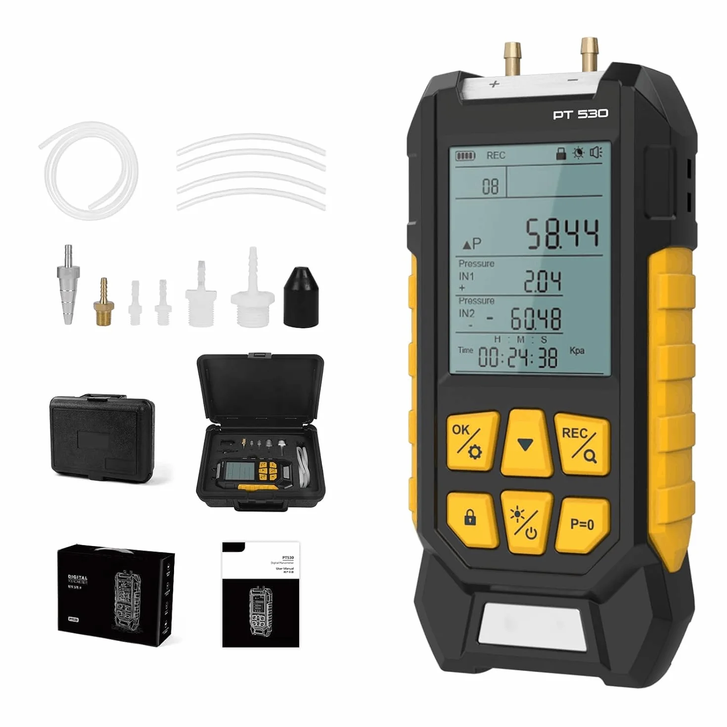 PT530 Manometer-Gasdruckprüfer -100 bis 300 Kpa Digitales Dual-Port-Feldmanometer HVAC 10 Einheiten 7 Adapter, Datensperre und -speicherung Display mit Hintergrundbeleuchtung