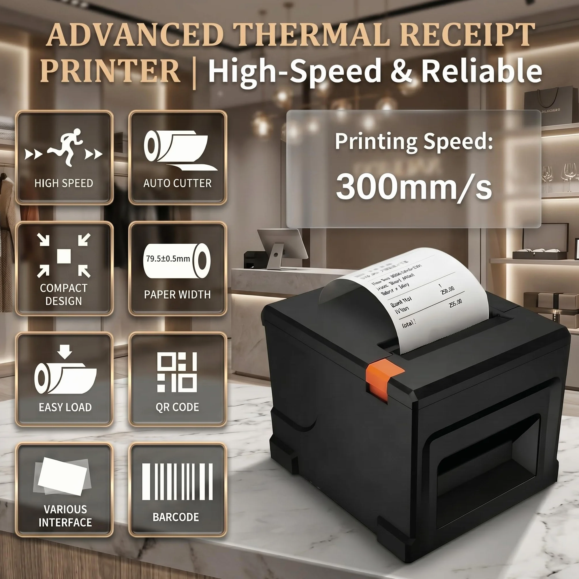 80mm POS Quittungsdrucker mit Auto-Cutter, 300mm/s USB Thermo Bondrucker, für Restaurant & Küche mit Lautsprecher-Signal, ESC/POS kompatibel (Windows/Mac/Linux)