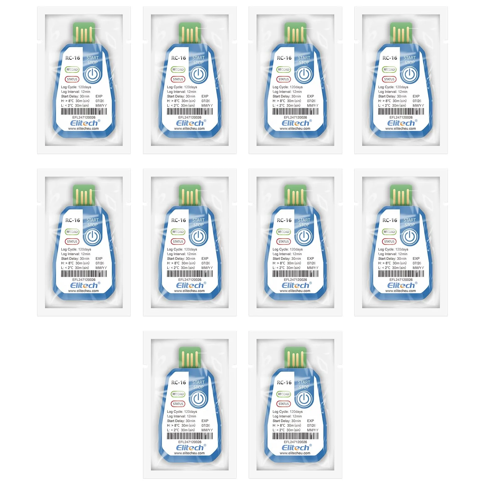 Elitech 10 Pack EU-RC-16 Einweg-Temperaturlogger USB 120 Tage Daueraufzeichnung für Lebensmittel Medikamente & Impfstoff-Kühlketten Alarmfunktion,IP67 Wasserschutz