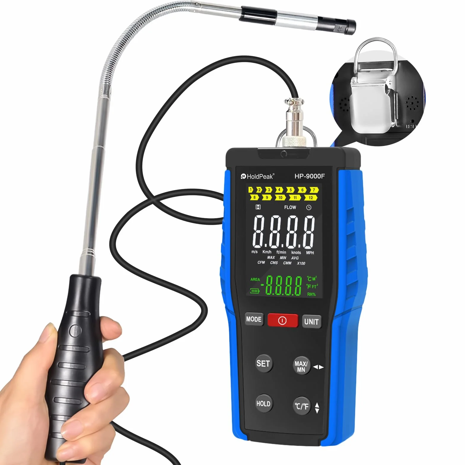 HOLDPEAK Digitales Anemometer mit einziehbarem Hotline-Sensor, Windgeschwindigkeitsmesser für Messung von Luftströmungsgeschwindigkeit und Temperatur, automatische Abschaltung, für Segeln, HLK