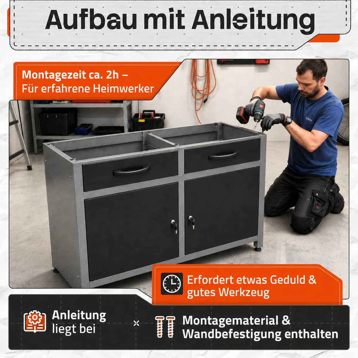 Ondis24 Werkbank Metall mit Schubladen, 2 Schubladen & 2 Türen, Werkstatt Metall 120 cm, Werktisch 120cm, Montagewerkbank, 28mm Buchenholzarbeitsplatte, Werkstatteinrichtung
