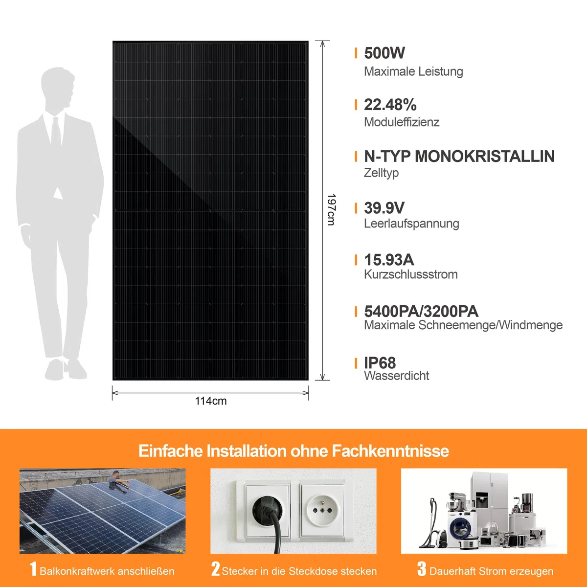 SAKETE Solarmodul 1000W – N-Typ Full Black Solarpanel mit Halbzellen-Technologie, geeignet für Balkonkraftwerk, 500W PV Panel 2er
