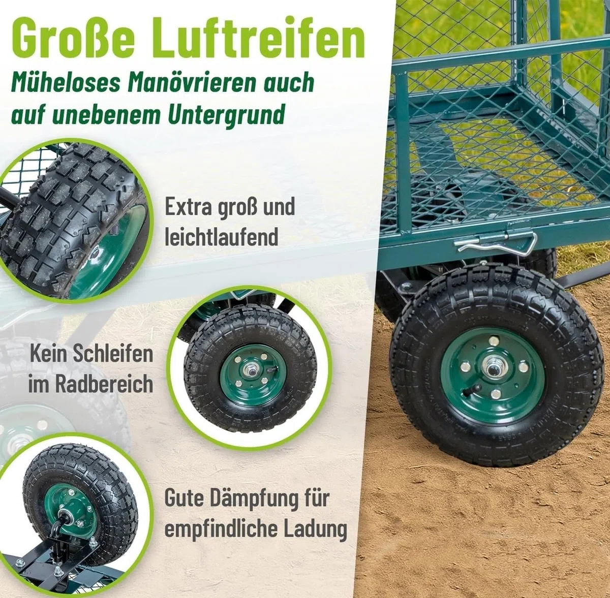 Gitterwagen Transportwagen bis 300kg – Robuster Handwagen mit Luftreifen, Abnehmbare Gitterwände, Ideal für Garten, Hof, Baustelle, Metallkonstruktion, Belastbar für schwere Lasten