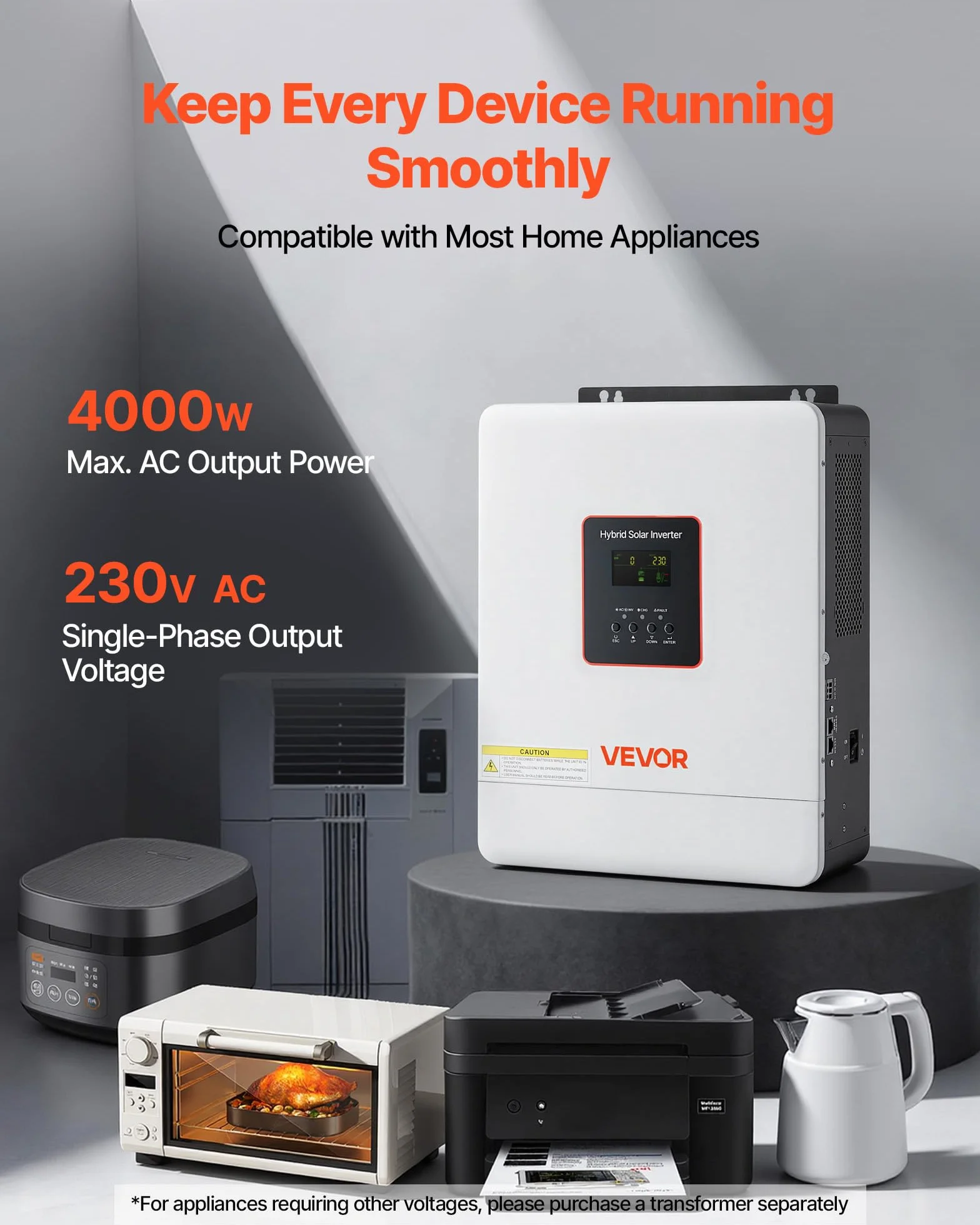 VEVOR Hybrid-Wechselrichter 4000 W, 24V DC auf 230V AC, mit integriertem 120A MPPT-Solarladeregler, WLAN-Modul, einphasig, für netzunabhängige Blei-Säure-/Lithium-Batterien