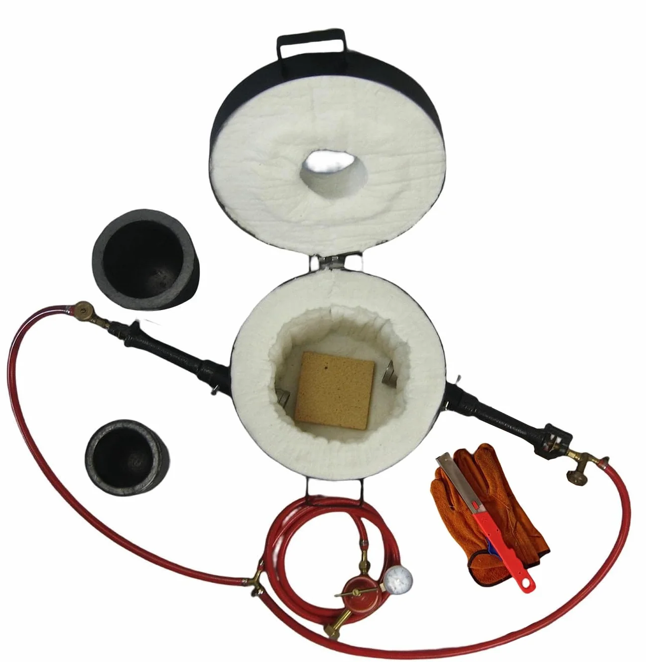 16KG Propangas-Schmelzofen-Set Dual Brennern, mit 2 Graphit-Tiegel(16KG&6KG), Zange und Handschuhe, Brennofen für Schmelzendes Metall Kupfer, Messing und Aluminium