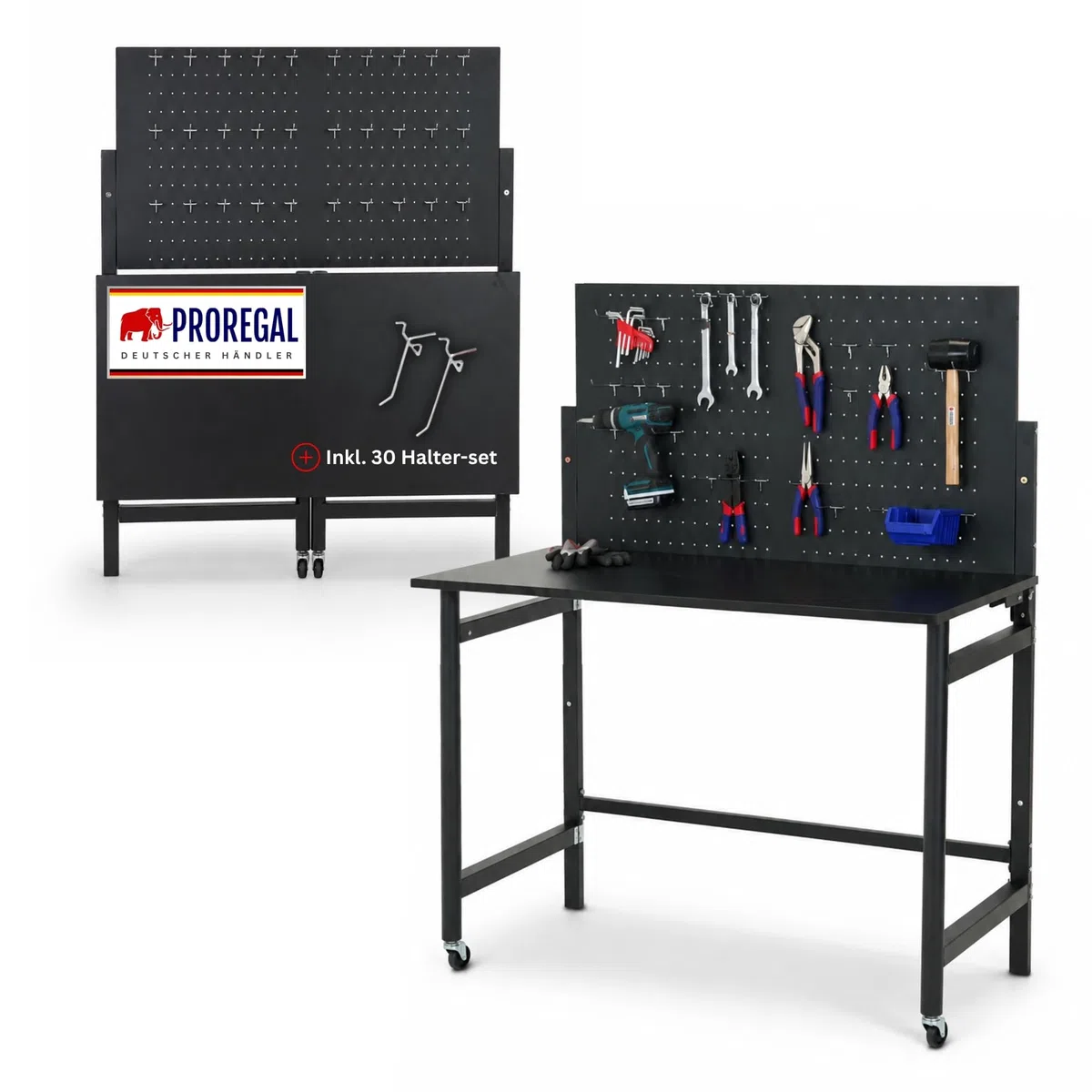 PROREGAL Werkbank klappbar für Wandmontage Titan mit Werkzeug Lochwand für Werkstatt 144x115x63cm Fachlast 55kg inkl. 30-teiligem Hakenset Schwarz Werktisch für Enge Räume mit Lochplatte Werkzeugwand