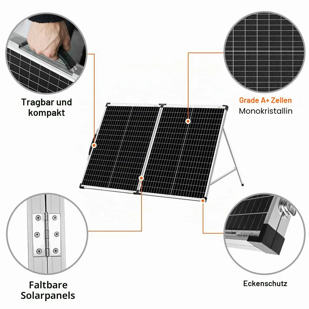 DOKIO Solarkoffer 100W 18V mit Solar-Laderegler (2 USB-Ports) Für 12V Batterie Inklusive Transporttasche