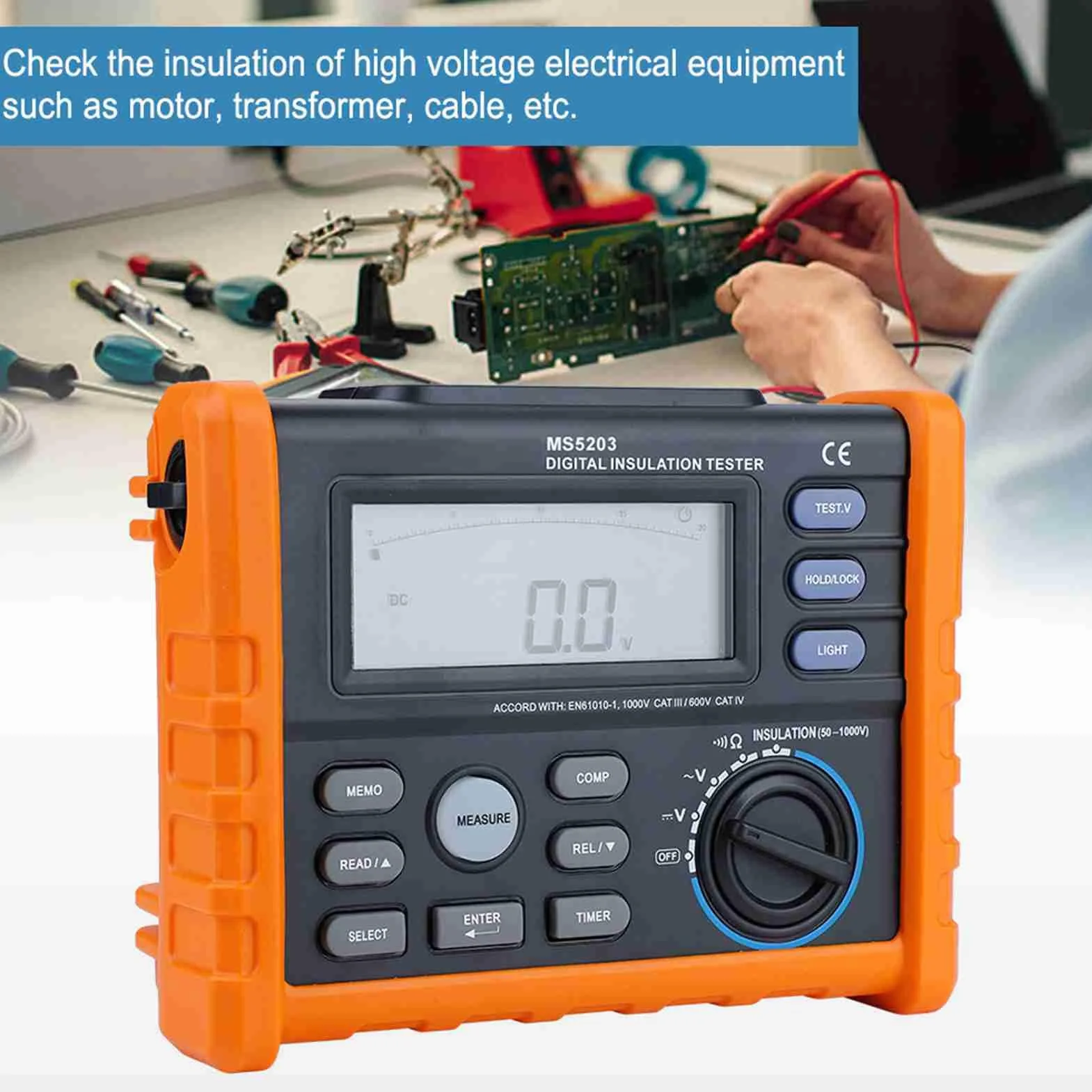 Digital Megohmmeter PM5203, Isolationswiderstandstester 50-1000V mit Analog-Display, Automatische PI/DAR-Berechnung, für Wartung von Motoren & Transformatoren (Elektriker/Servicetechniker)