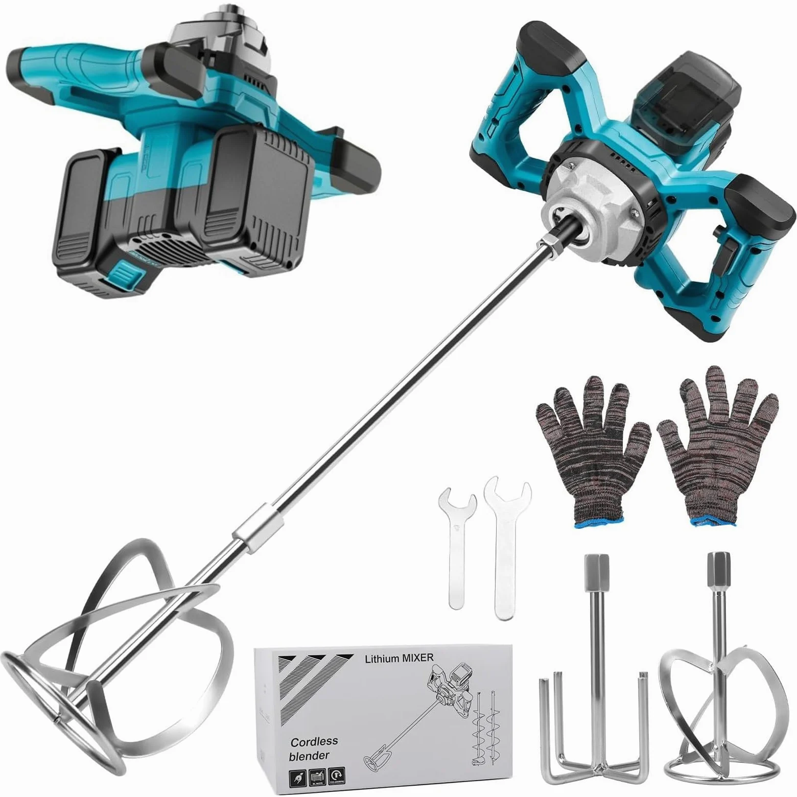 Farbmörtelmischer, kompatibel mit Makita-Akku, 3200 W, tragbarer Mehrzweck-Betonrührer mit Rührstäben und Mischkopf und Schraubenschlüssel und Handschuhen (max. 680 U/min, 6-Gang-Getriebe, ohne