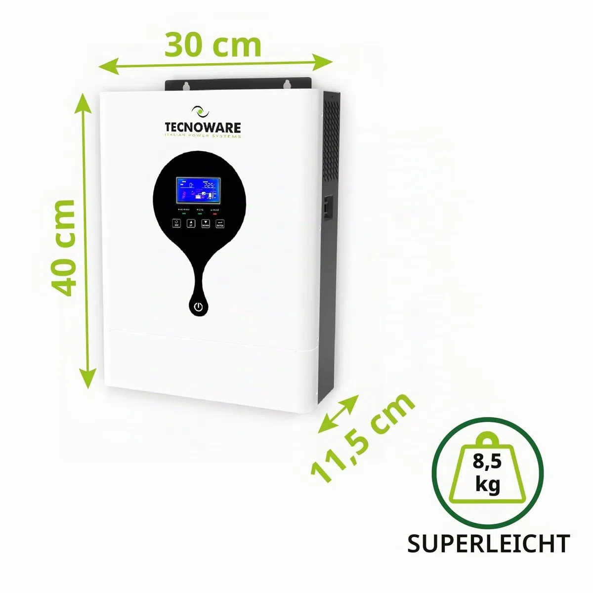 Tecnoware Power Systems - Hybrid Solar-Wechselrichter 3500VA, Reine Sinuswelle, MPPT 120V-450V, Integriertes Batterieladegerät, Kontinuierliche Stromversorgung, USB/RS232 Schnittstelle, Weiß, 3500VA