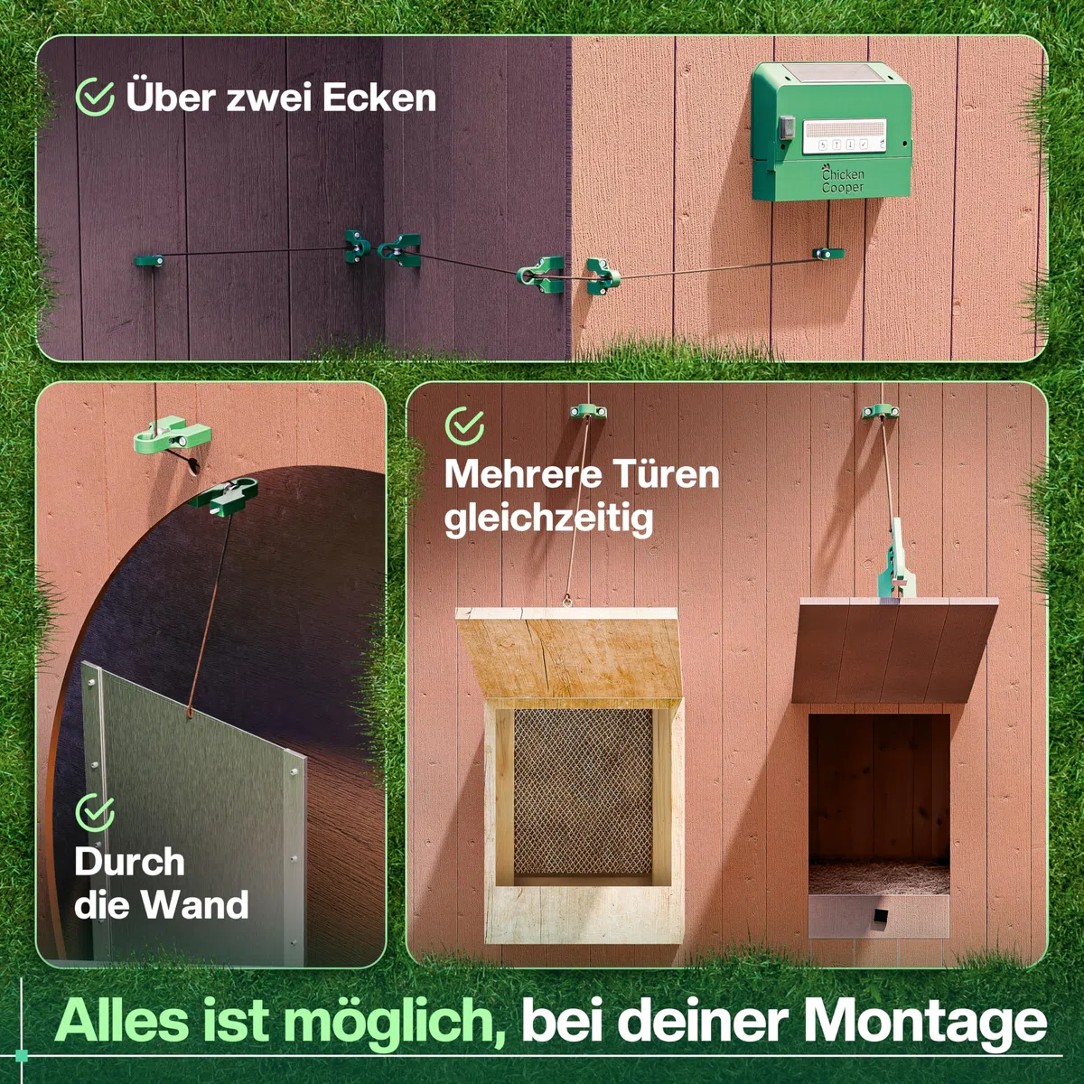 Solar Türöffner 5kg für Hühner, automatische Uhrzeitermittlung und Jahreszeitanpassung, mit integriertem Speicher und Doppelrolle, für Ihre Hühnerklappe nachrüstbar (Braun, Basis Paket)