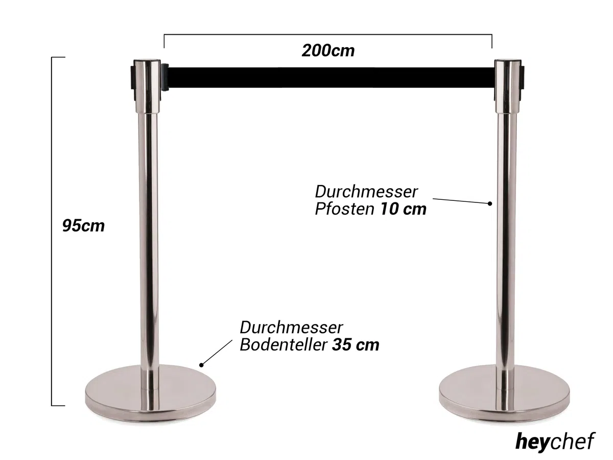 heyChef - 2er-Set | Absperrpfosten Edelstahl, Gurtband 200cm schwarz, VIP Bänder, Abgrenzungs-Ständer oder Personen-Leitsystem, Gurt Abstandshalter, Absperr-Pfosten