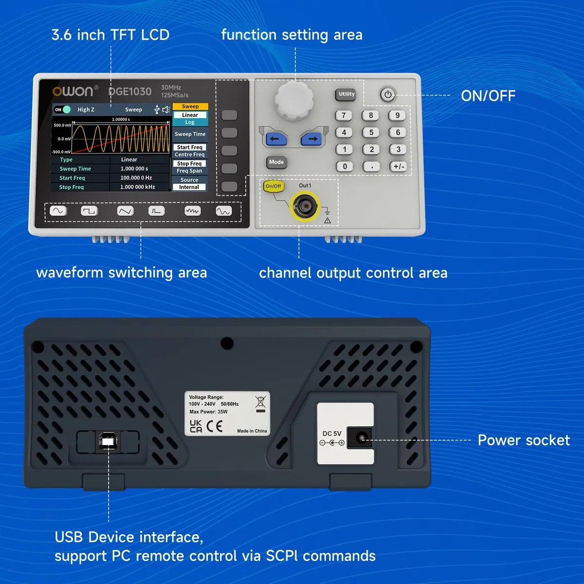OWON Signalgenerator, Funktionsgenerator DGE1030, einkanaliger Ausgang, 30 MHz Frequenzausgang, 125 MSa/s Abtastrate, 14 Bits vertikale Auflösung