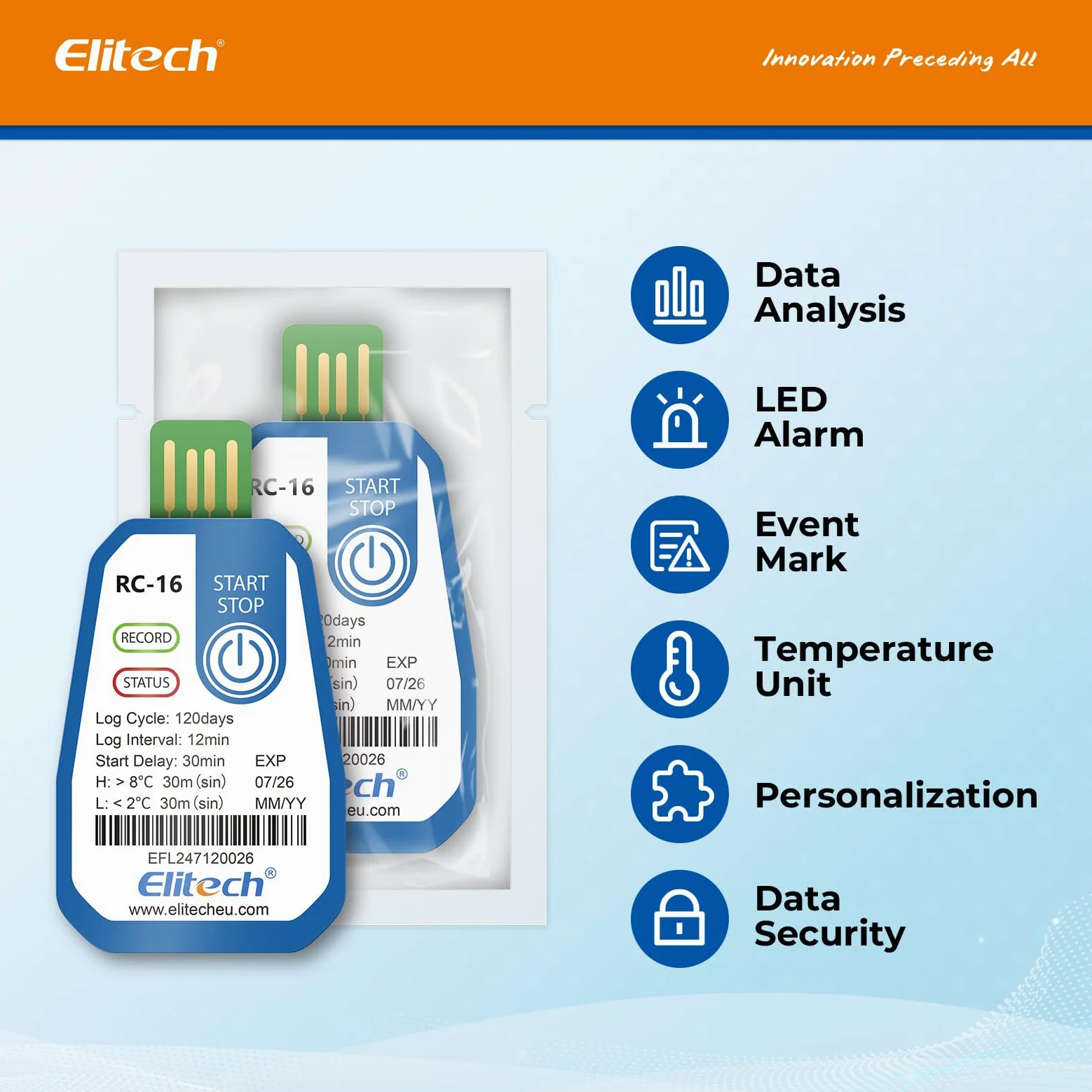 Elitech 10 Pack EU-RC-16 Einweg-Temperaturlogger USB 120 Tage Daueraufzeichnung für Lebensmittel Medikamente & Impfstoff-Kühlketten Alarmfunktion,IP67 Wasserschutz