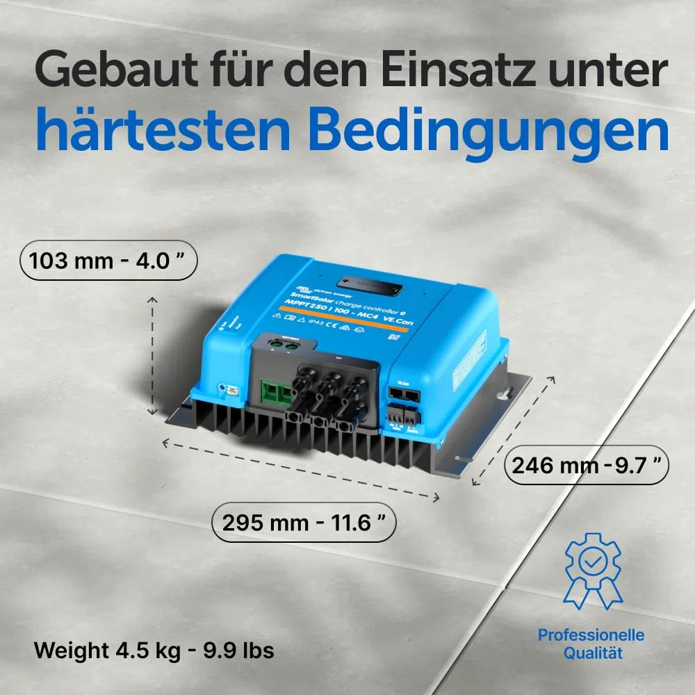 Victron Energy SmartSolar MPPT MC4 kompatibel, VE.Can Laderegler (Bluetooth) - Solar Laderegler - 250V, 100 Amp 12/24/36/48-Volt | Bluetooth MPPT Solarladeregler mit MC4 und VE Anschluss Kann getragen werden